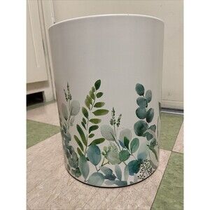 Metal WASTE BASKET Green FLORAL Stems DESIGN CIRCULAR TRASH CAN Eucalyptus 10”